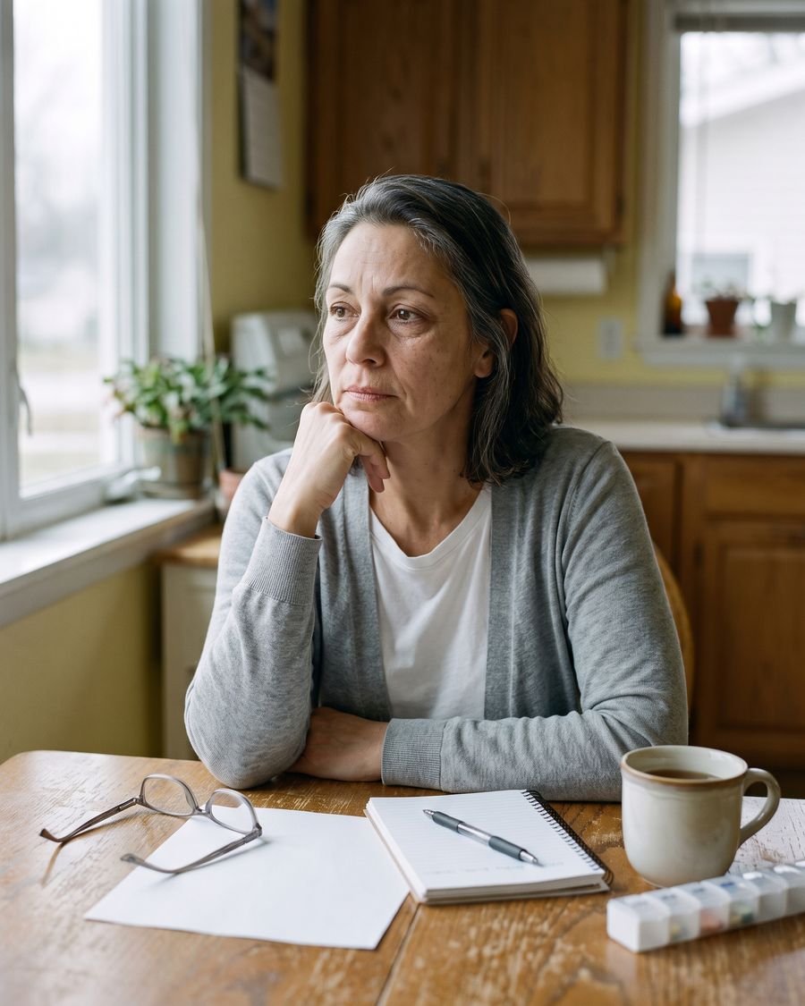 A woman in her fifties sitting alone at her kitchen table with paperwork, a notepad and her pill organiser