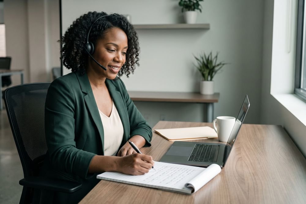 A Disabilift advocate taking a free case review call and writing notes at her desk